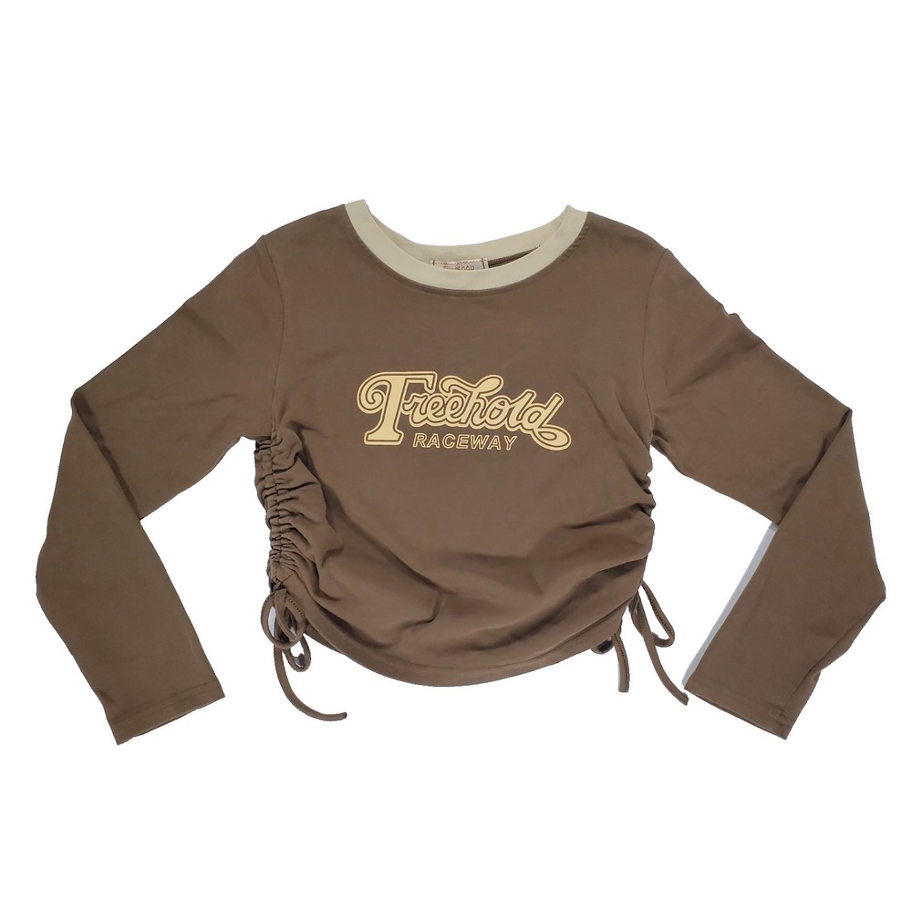 Sims‎ Shop Trendset Raceway Brown Long Sleeve Ruched Crop Top Womens S Graphic